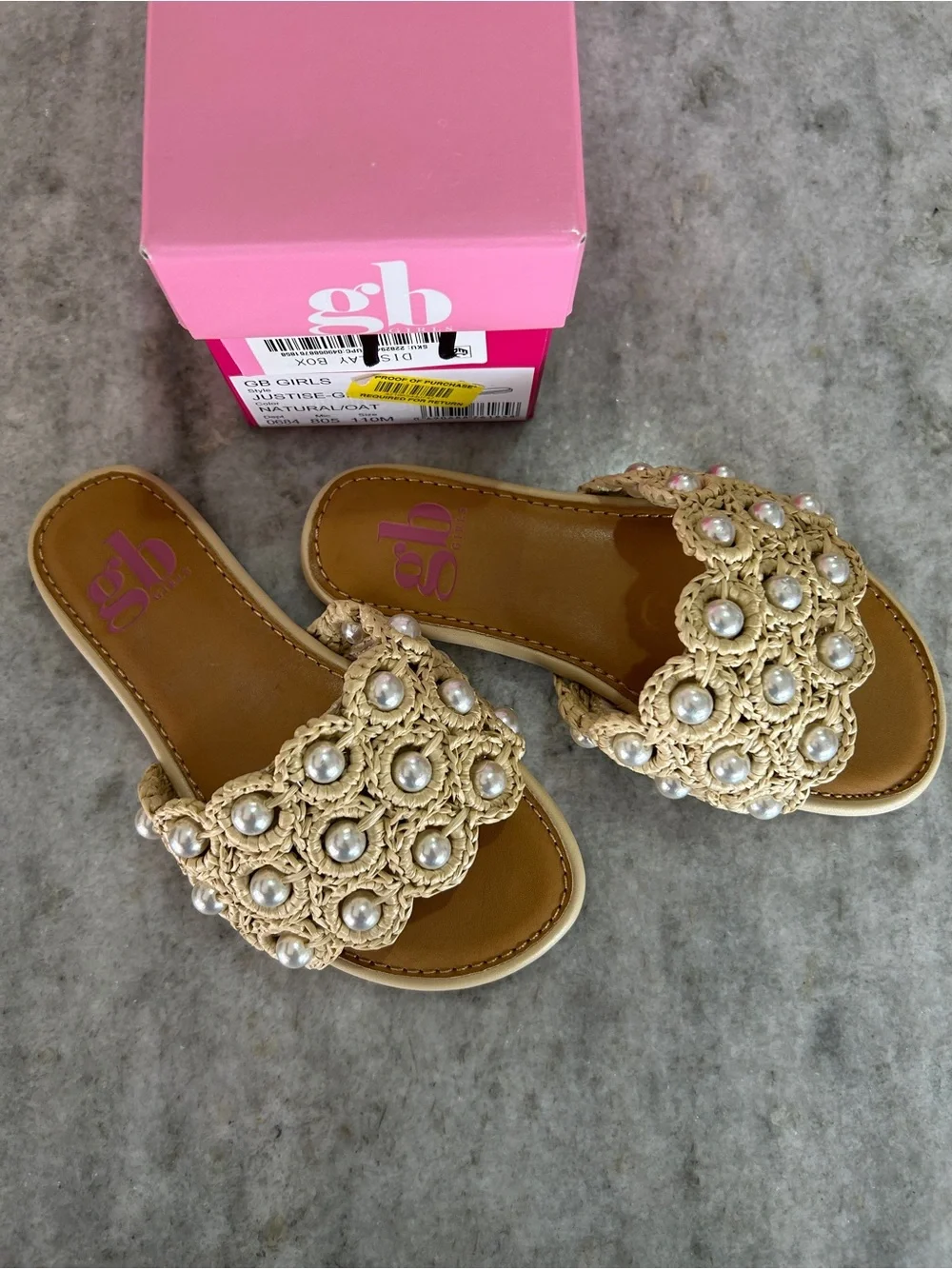 GB Girls Tan Crochet Slide Sandals with Pearl Accents Size 11M